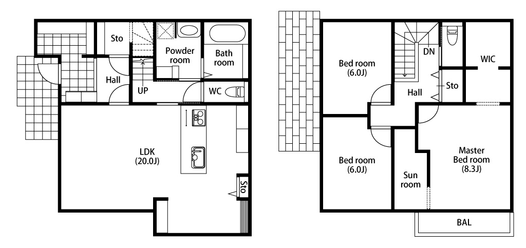 廊下の少ない二階建ての間取り図